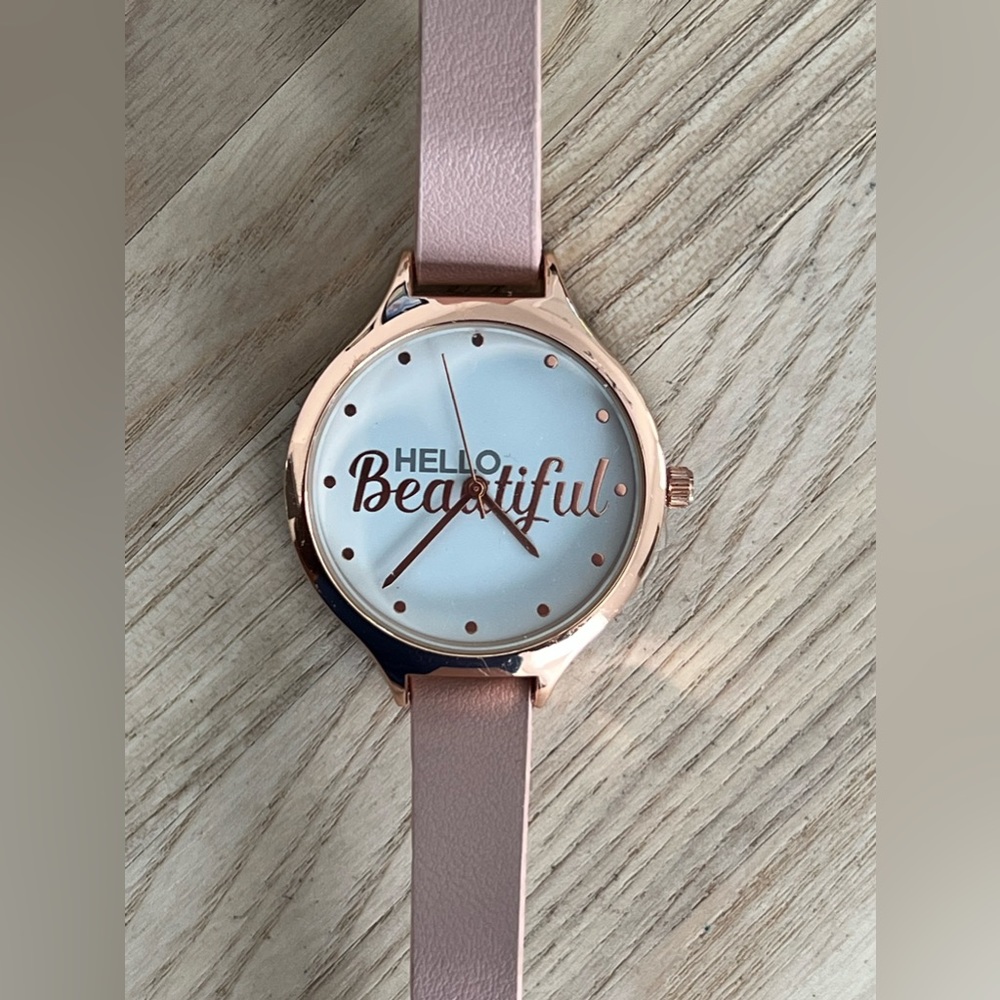 Hello Beautiful Ladies Watch Rose Gold Tone Case, Hands, Markers, White Dial